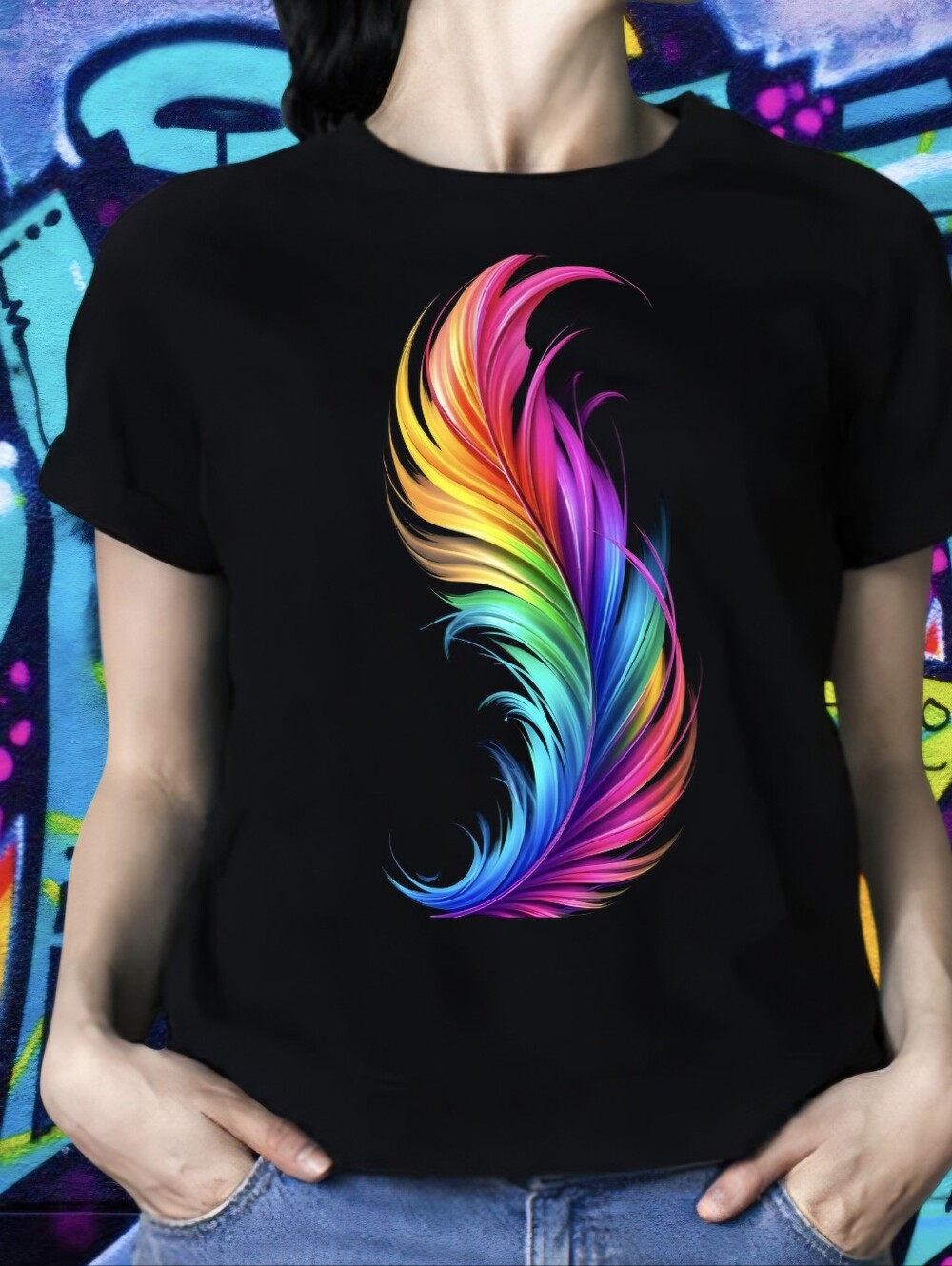Luxury Black Neon Feather Streetwear Graphic Tee